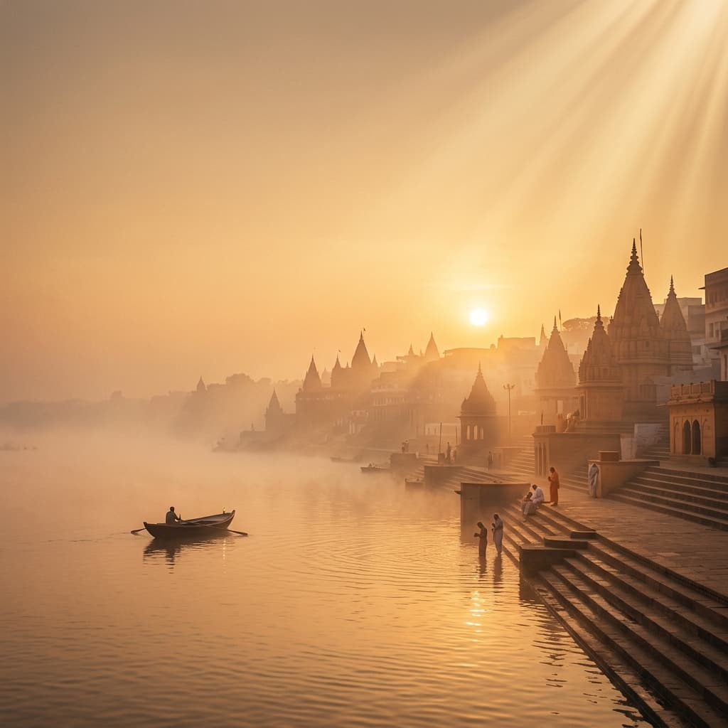 Sacred Kashi Ghats Sunrise Backdrop