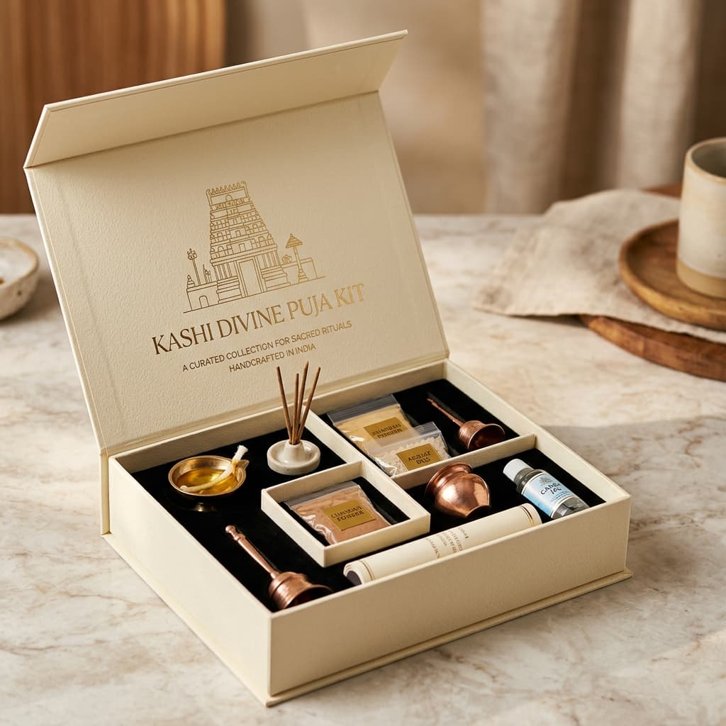 Premium white cardstock packaging with gold foil temple gate engravings