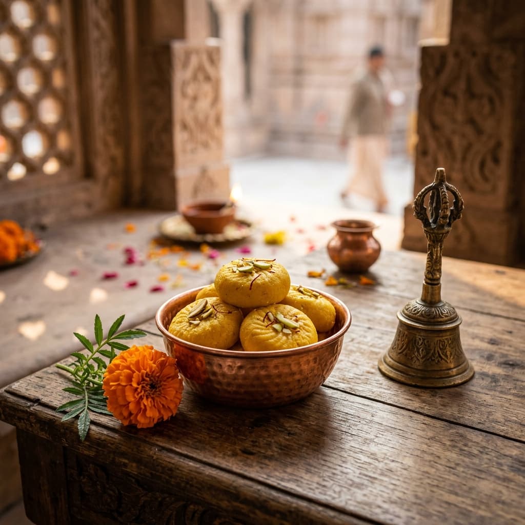 Authentic Kashi Vishwanath temple prasad sweets served in a copper bowl