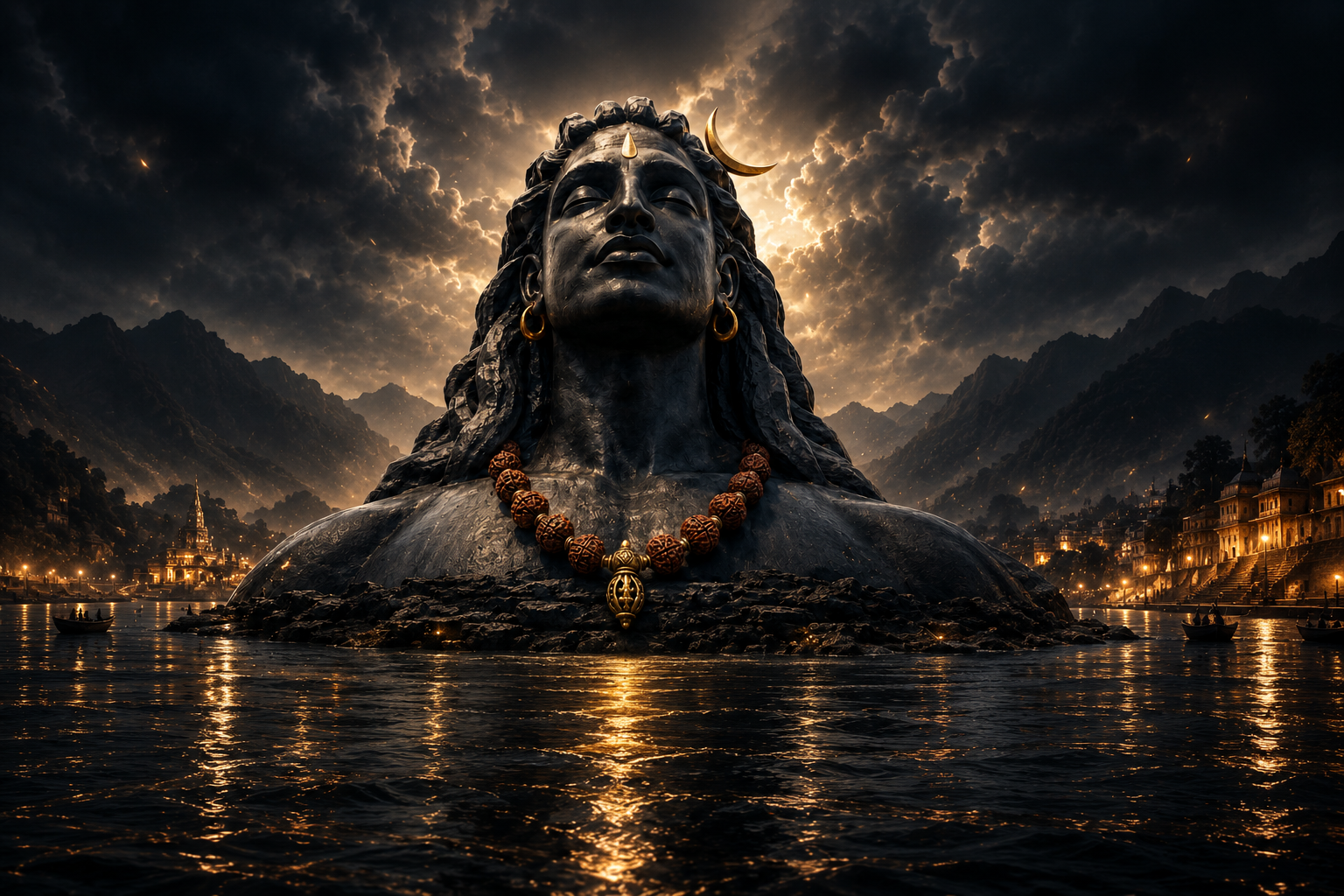 Assembled Sacred Adiyogi Statue with Consecrated Rudraksha Mala and Celestial Emblems